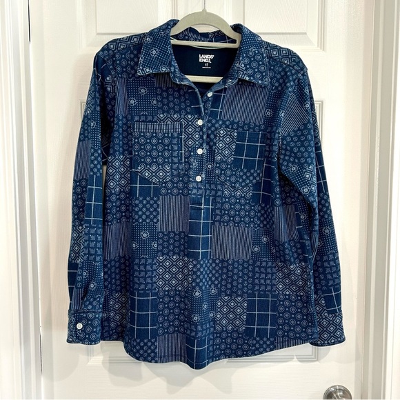Lands' End Women Patchwork Patterned Collar Shirt Sz L/P Blue Denim Warm Western - Picture 1 of 12